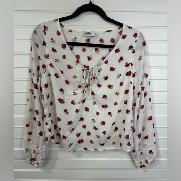 Hollister women’s white & red floral peasant tie front v-neck blouse. Size small - Picture 1 of 6